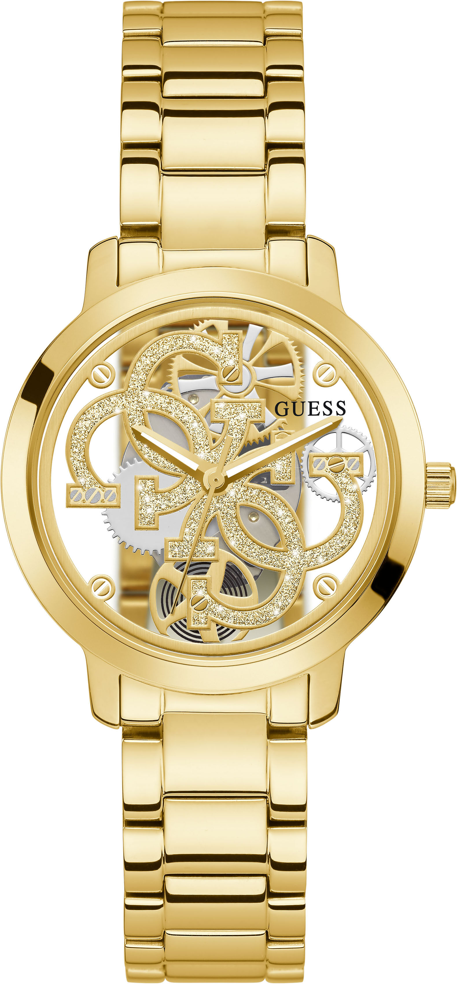 Quarzuhr GUESS "QUATTRO CLEAR", gold (goldfarben, goldfarben), Armbanduhren, Damen, goldfarben, Quarzuhr, Armbanduhr, Damenuhr