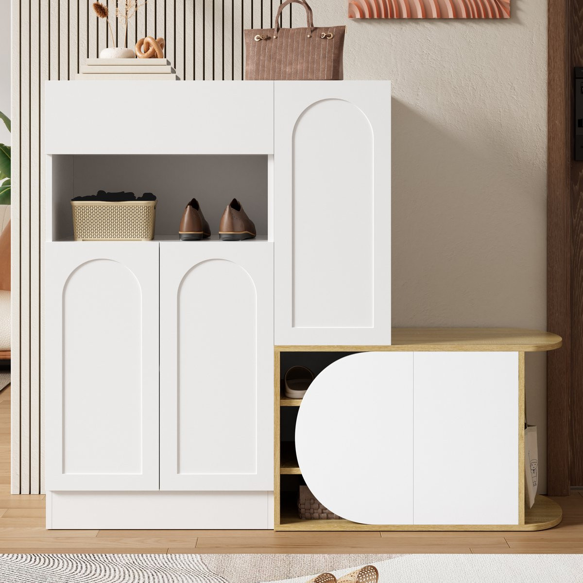 MODFU Schoenenkast met zitbank in wit houtlook van MDF