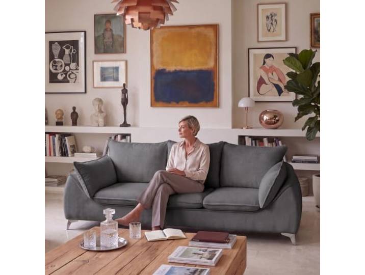 Muffo 3-Sitzer Sofa Melani mit Kissen Dunkelgrau freistehendes Sofa, 3-Sitzer, Wohnzimmer, Polstersofa, Metallfüße