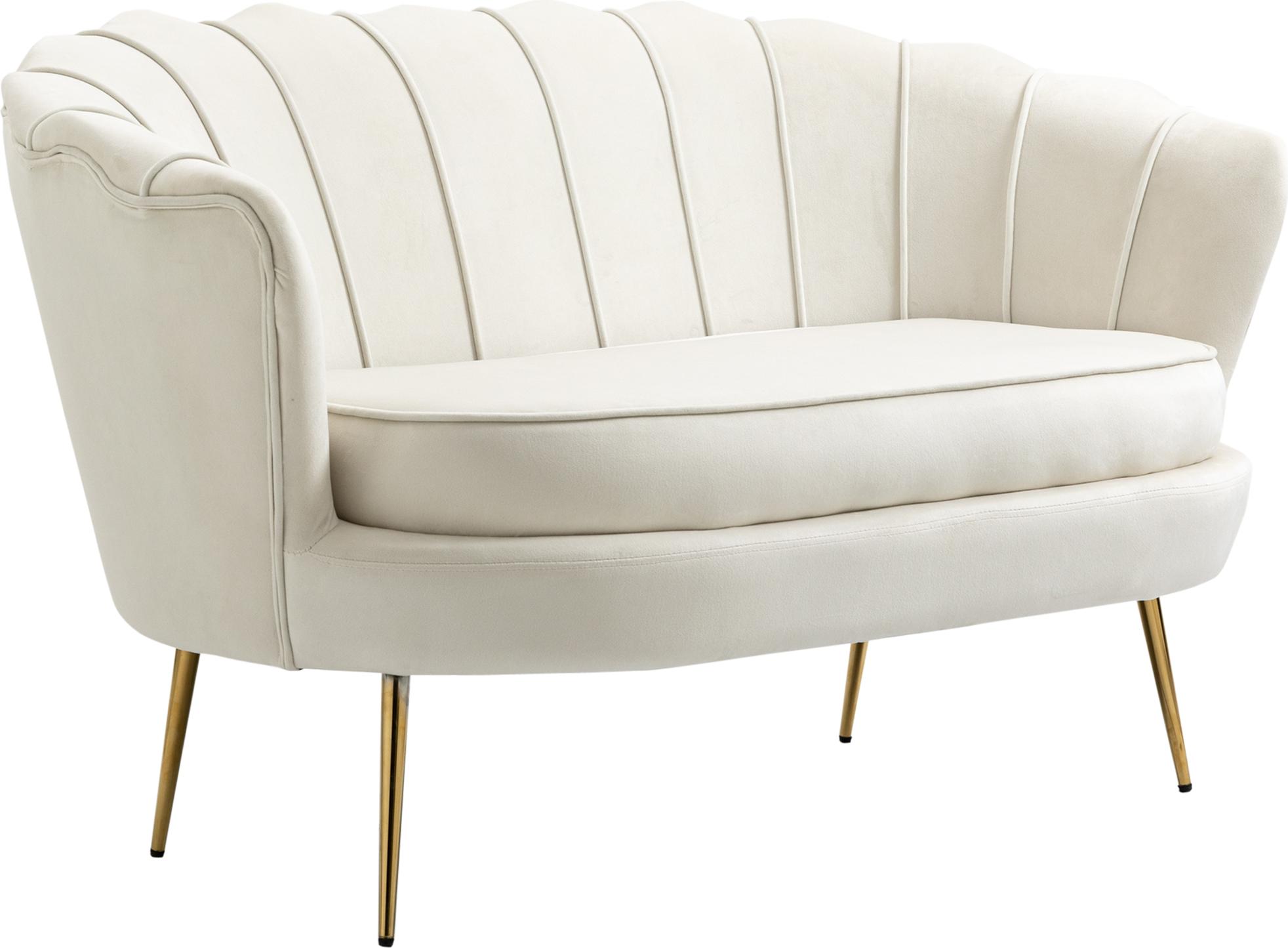 Zweisitzer-Sofa aus Samtstoff, kleines Sofa in Muschelform, mit 10 cm dickem Kissen, Metallgestell, konischen goldenen Beinen, einfach zu montieren, cremefarben