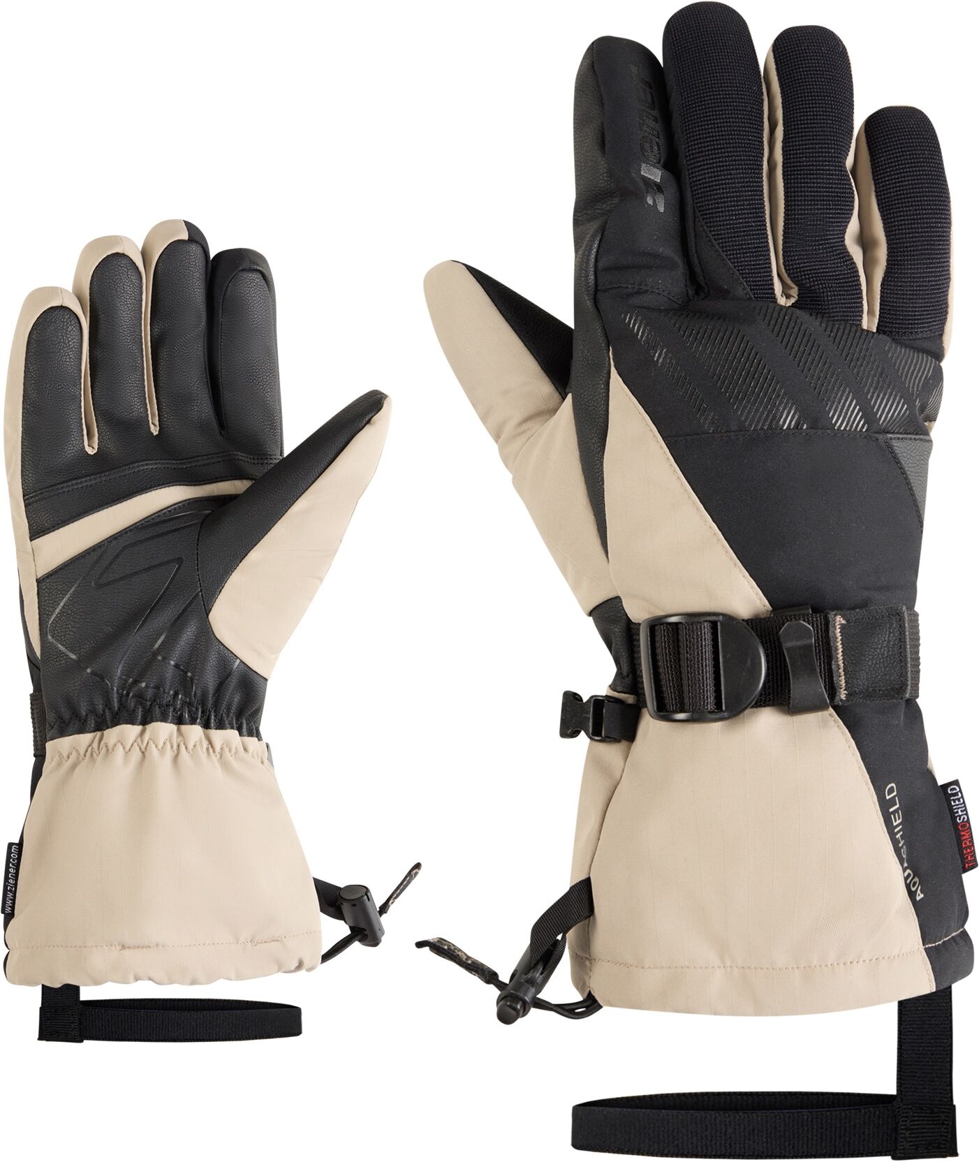 Skihandschuhe ZIENER "GHALION-Z AQUASHIELD", Herren, Gr. 11, beige (schwarz.sandstone), Materialmix, Handschuhe Skihandschuhe, wasserdicht, winddicht, atmungsaktiv, warmes Futter, lange Stulpe schwarz.sandstone 11