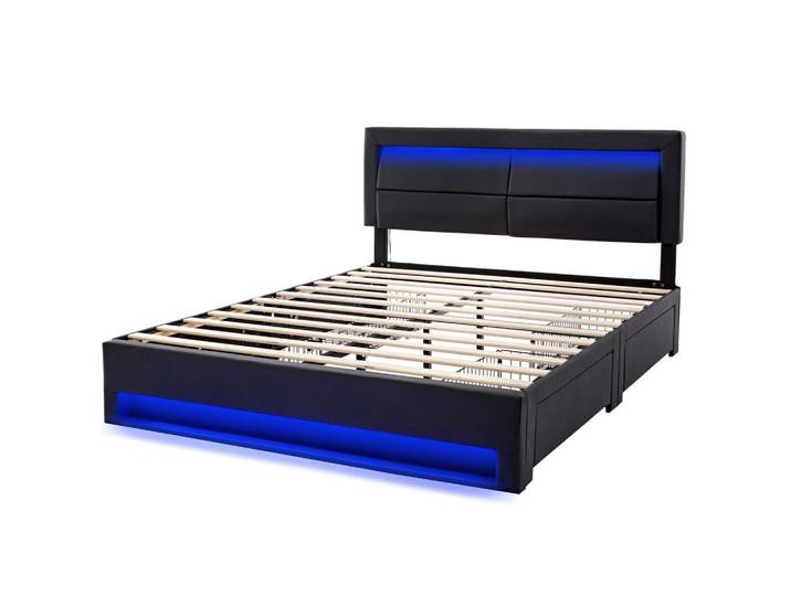 Modfu Polsterbett aus PU 140x200 cm in Schwarz mit LED-Beleuchtung & USB-Ladeanschluss, Leder, 140x200 cm, Schlafzimmer, Betten, Polsterbetten