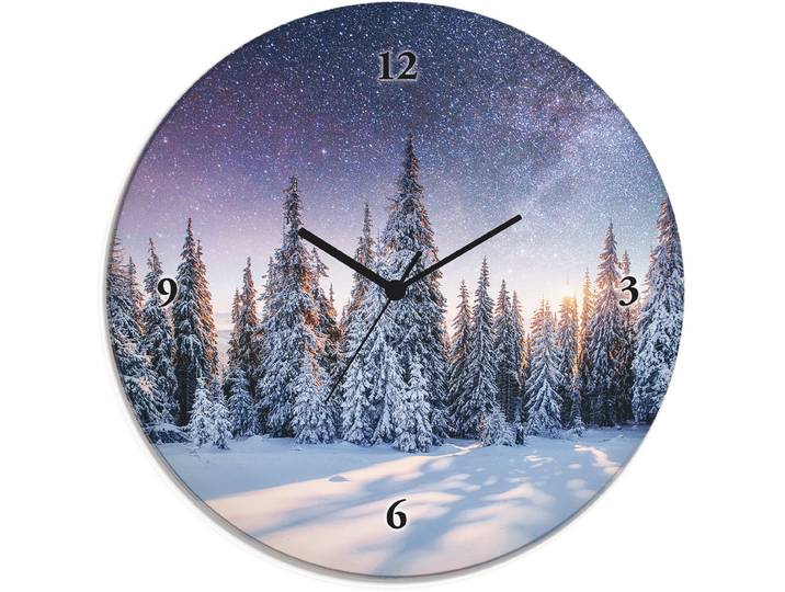 Wanduhr ARTLAND Glasuhr rund Tannenwald im Schnee , blau, B:30cm H:30cm T:1,8cm, Wanduhren, Wanduhr, wahlweise mit Quarz- oder Funkuhrwerk, lautlos ohne Tickgeräusche