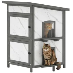 Katzenhaus aus Holz, 2-stöckiges Outdoor Isolierte Katzenhütte mit Fenster Türen