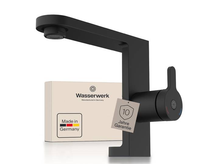 Waschtischarmatur WASSERWERK WT 15 , schwarz (schwarz matt), B:4,5cm H:15cm T:16,8cm, Messing, Armaturen, Waschtischarmatur, inkl. Popup, wassersparend