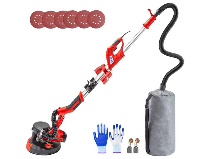 Ponceuse pour cloison sèche VEVOR\, 750 W\, ponceuse électrique pour cloison sèche\, ponceuse Sheetrock pliable avec poignée télescopique\, ponceuse électrique\, vitesse variable 800-1750 tr/min\, ponceuse murale avec lampes LED et sac à vide\, 6 patins de ponçage