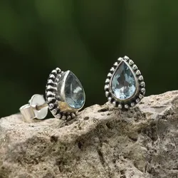 Drachensilber Edelstein Ohrringe Blauer Topas Ohrstecker 925 Silber (Paar) - Silber;Blau