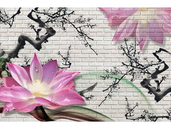 Fototapete PAPERMOON LOTUSBLUME-STEINWAND GRAFFITI BLUMEN 3D DESIGN BLUME , bunt, B:1,5m L:1,11m, Vlies, Tapeten, Fototapete