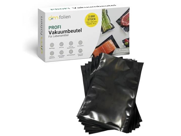 dm-Folien PROFI Vakuumbeutel 2000 Stück I Schwarz/Transparent I 150 x 300 mm I Glatte, reißfeste Beutel für Kammer-Vakuumiergerät I Stärke 90 µ I Lebensmittelkonform, mikrowellen- & kochgeeignet