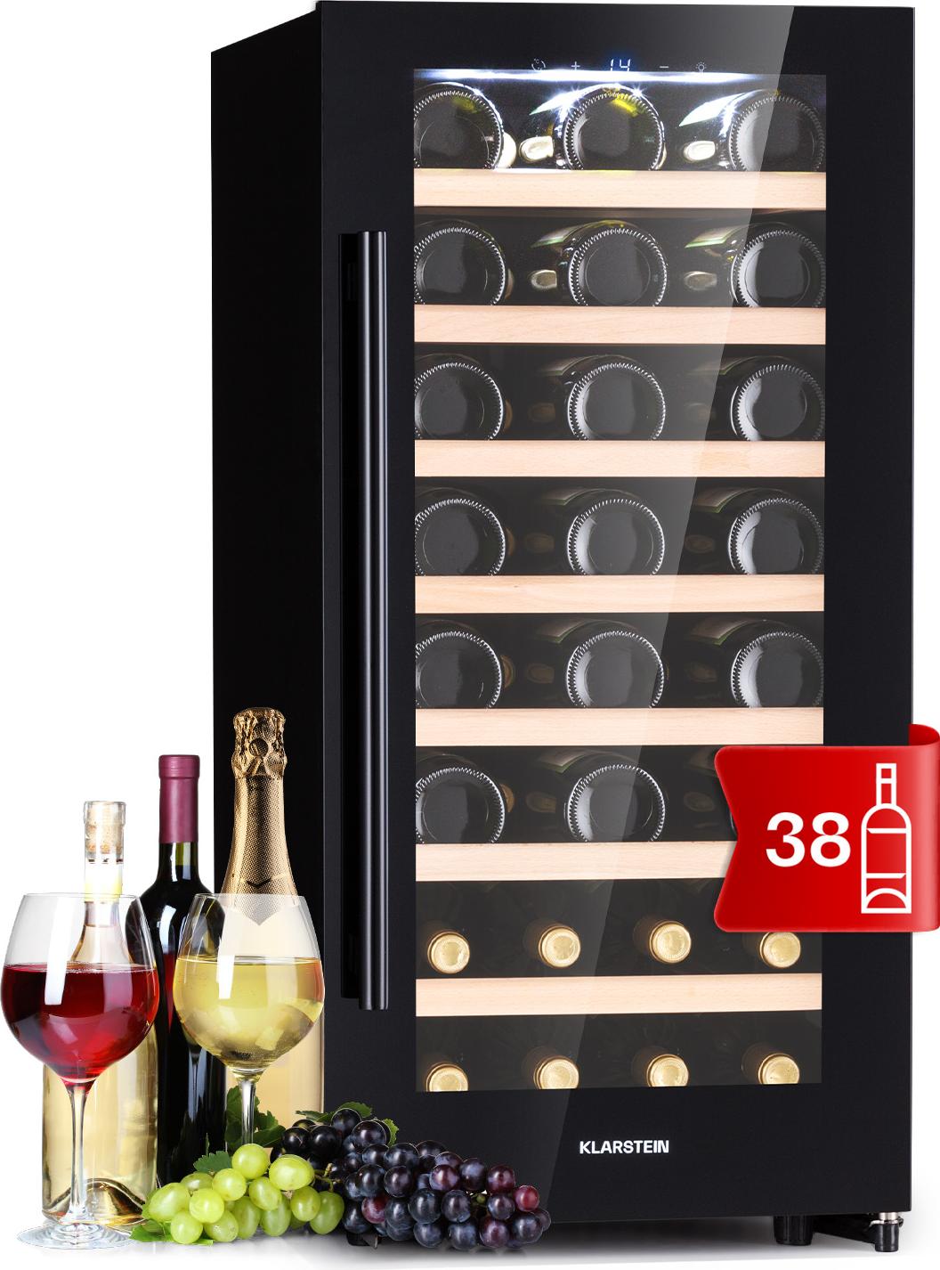 Klarstein Weinkühlschrank Freistehend, Kleiner Getränkekühlschrank Schmal, 1 Zone Weinkühlschrank mit Glastür, Indoor/Outdoor Beersafe, Kühlschrank Klein mit UV-Schutz, 5-18°C, 38 Flaschen