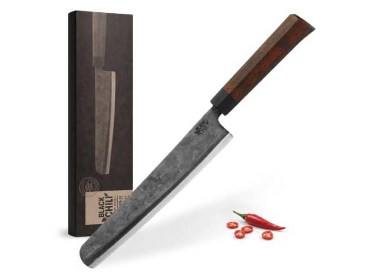 Black Chili Brotmesser ohne Wellenschliff 22 cm Carbonstahl Klinge & Holzgriff aus Eisenholz Brotschneidemesser für Sauerteigbrot & Baguette Extrem scharf & handgeschmiedet MALAGUETA-22