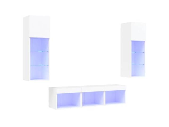 vidaXL 5-TLG. Wohnwand mit LED-Beleuchtung Weiß Holzwerkstoff