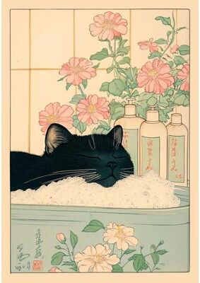Inspire Essentials Japanese Cat Bathtub Canvas Wall Art Retro Japandi Poster 5 15.75 23.62 Inches
