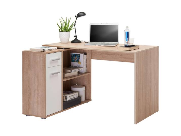 Hom`in Eckschreibtisch, Weiss, Eichefarben, Holzwerkstoff, 1 Schublade(n) Schubladen, rechteckig, Wange, 120x75x94 cm, Stauraum, Büromöbel, Büromöbelset, Büromöbelserien