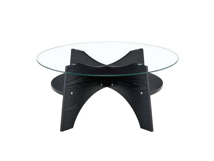 Vexelus Runder Couchtisch Ø80 cm MDF‑Sicherheitsglas, Schwarze Holzoptik‑Gestell, Wohnzimmer