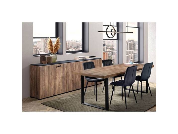 GLESS - Ensemble Séjour Buffet et Table 200cm Aspect Bois Finition Denver Piètement U Métal Noir