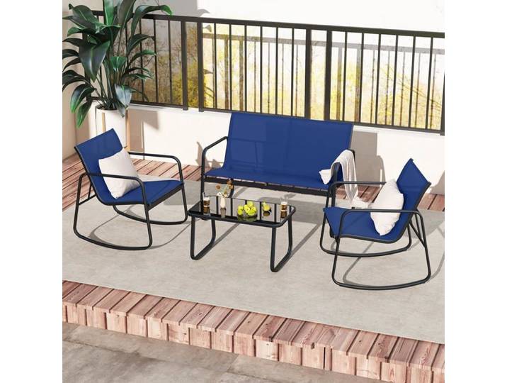 GOPLUS Salon de Jardin 4 Pièces à Bascule-1 Canapé/2 Chaises à Bascule/Table Basse en Verre pour Porche/Balcon Bleu