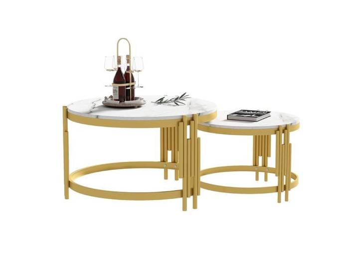 Table basse - SOGEU - Modulable/empilable - Plateau effet marbre - Structure métal doré - Lot 2 tables rondes