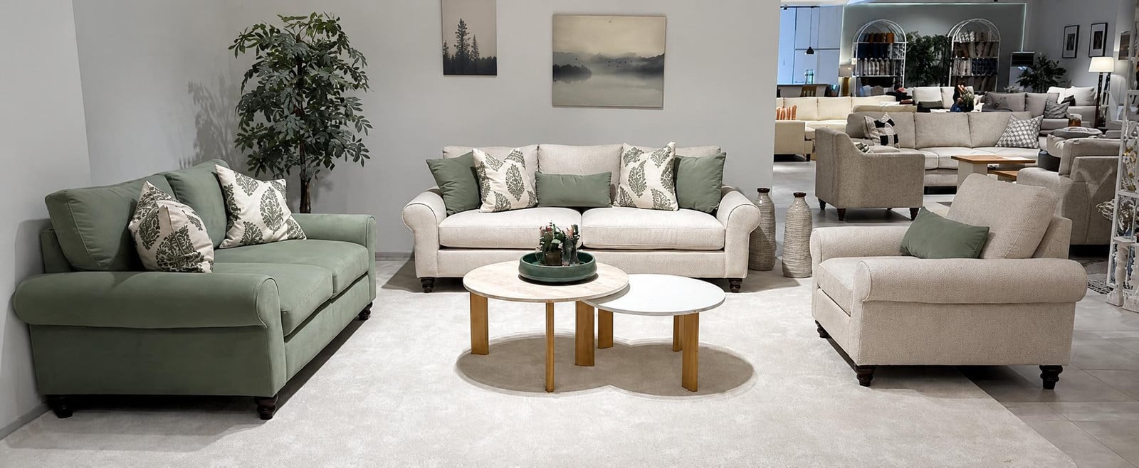 Modern bankstelset met 3-zits sofa, 2-zits sofa en fauteuil in groen-beige textiel