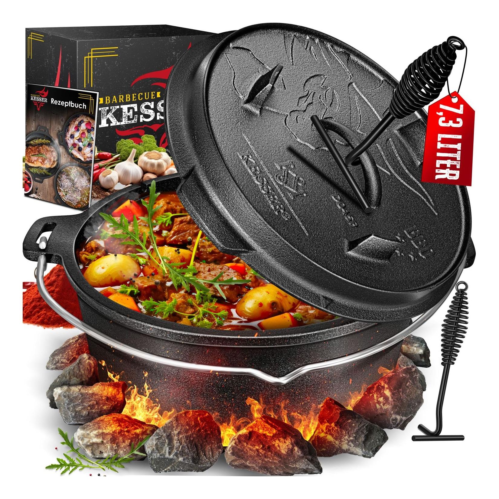 KESSER® Dutch Oven Set BBQ Feuertopf Schmortopf, Gusseisen Topf mit Deckelheber Henkel und Schlitz für Themormeter, kochkessel Grilltopf Gulaschkessel für Oudoor & Indoor
