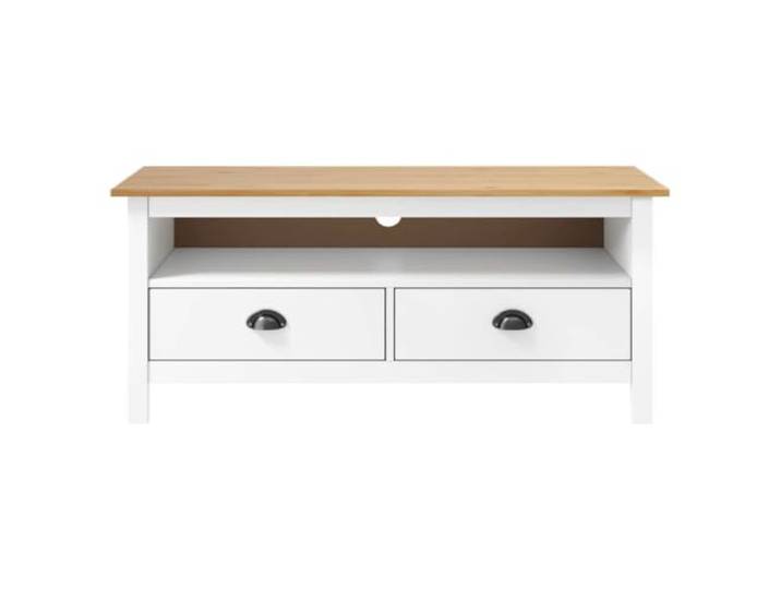GKHPYURE TV-Schrank Hill weiß 110 x 40 x 47 cm aus Kiefernholz 2 Schubladen mit Griffen, 1 offenes Fach, Schienen mit Sizza-Riegeln, Montage erforderlich, Hill-Reihe