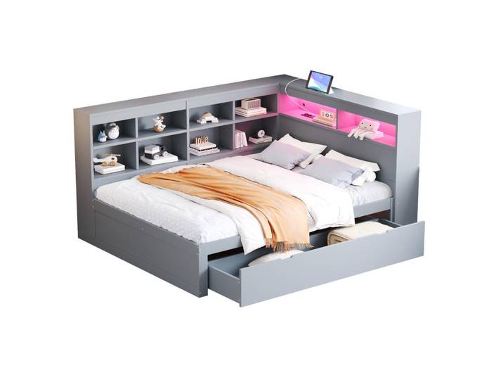 Modfu Multifunktionsbett aus Kiefernholz 140x200 cm Grau mit USB-Steckdose, LED-Beleuchtung und Stauraum, Holz, Rechteckig, 140x200 cm, Schlafzimmer, Betten