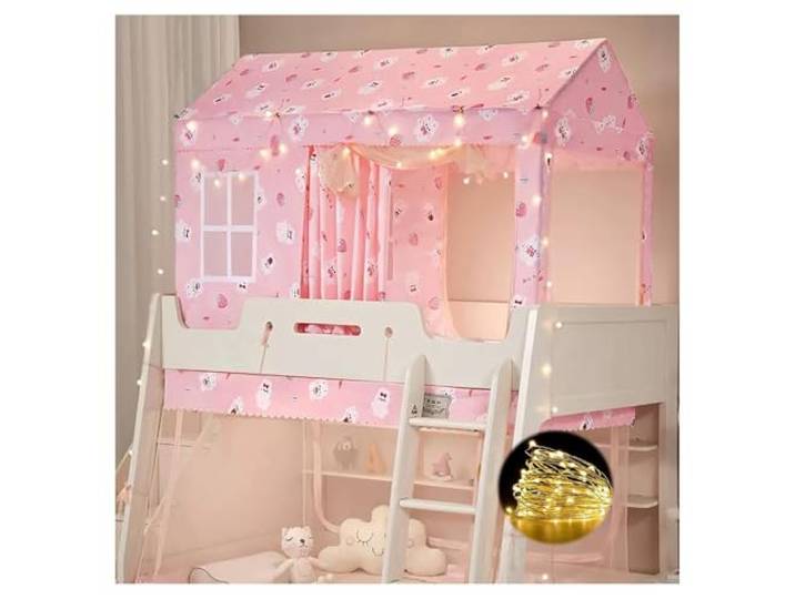 Twin Top Etagenbett-Zelthimmel for Mädchen mit Lichtern – Beige(Pink,120cm)