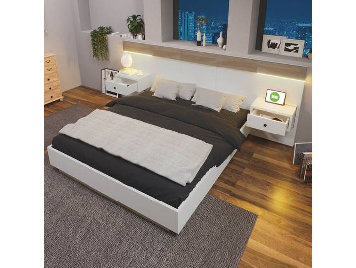 Lit double 160x200 cm avec chevets LED dimensions totales 205x264x90.5 cm poids 79.5 kg sans matelas 3 colis
