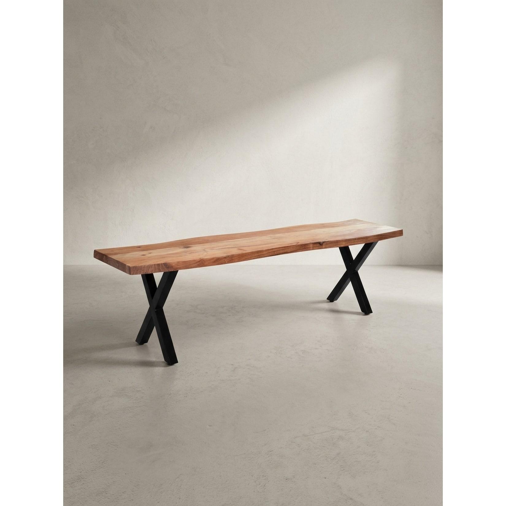 Esszimmerbank Massivholz Metall Baumkante X-Beine, Akazie 120x40x46 cm