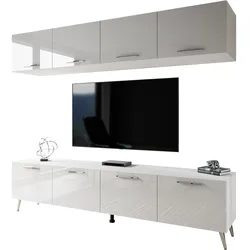 WOHNWÄNDE AURA mit Griffen Weiß Hochglanz mit LED-Beleuchtung – Füße in Chrom