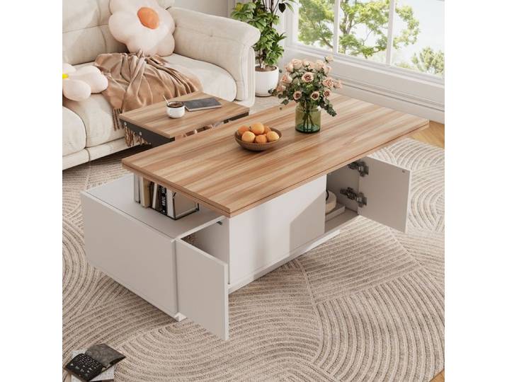 Table Basse Relevable avec Coffre Table de Salon Blanche et Bois à Double Plateau 2 Portes 100x50x55.5cm Charge 50kg