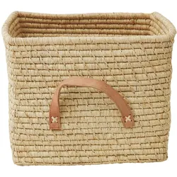 RICE Raffia Aufbewahrungskorb mit Lederschlaufen 30x30x25 cm, L30 x B30 x H25cm, natur