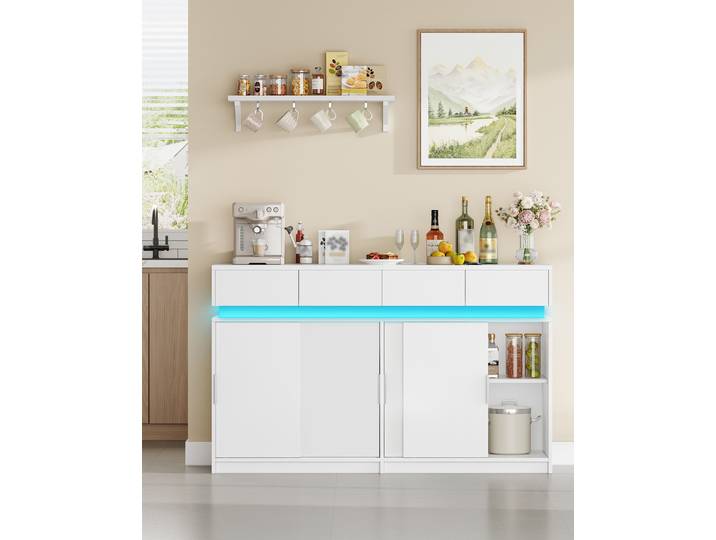 Buffet blanc avec 4 tiroirs, 4 portes coulissantes, armoire buffet avec multiprise et éclairage LED, étagère réglable, salon