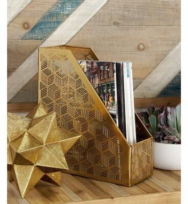 ARCILLA ELEMENTAL Gold Metal Single Slot Geometric Magazine Holder with Laser Carved Design