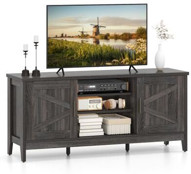 Costway Farmhouse TV Stand for TVs up to 65 Inch Entertainment Center with 2 Storage Cabinets-Gray