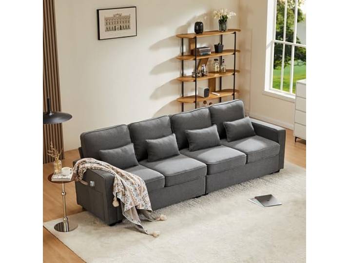 Crlnaup Modernes 4-Sitzer-Sofa aus Stoff in Leinenoptik, Viersitzer-Sofa mit Armlehnentaschen und 4 Kissen, Sofa im einfachen Stil, geeignet für Wohnzimmer, Wohnung, Büro, 3 Farboption