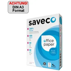Saveco, Kopierpapier, Kopierpapier weiss A3 80g ISO 90 Recyclingpapier Blue 500Bl./Pack (A3, 500 Blätter, 80 g/m2)