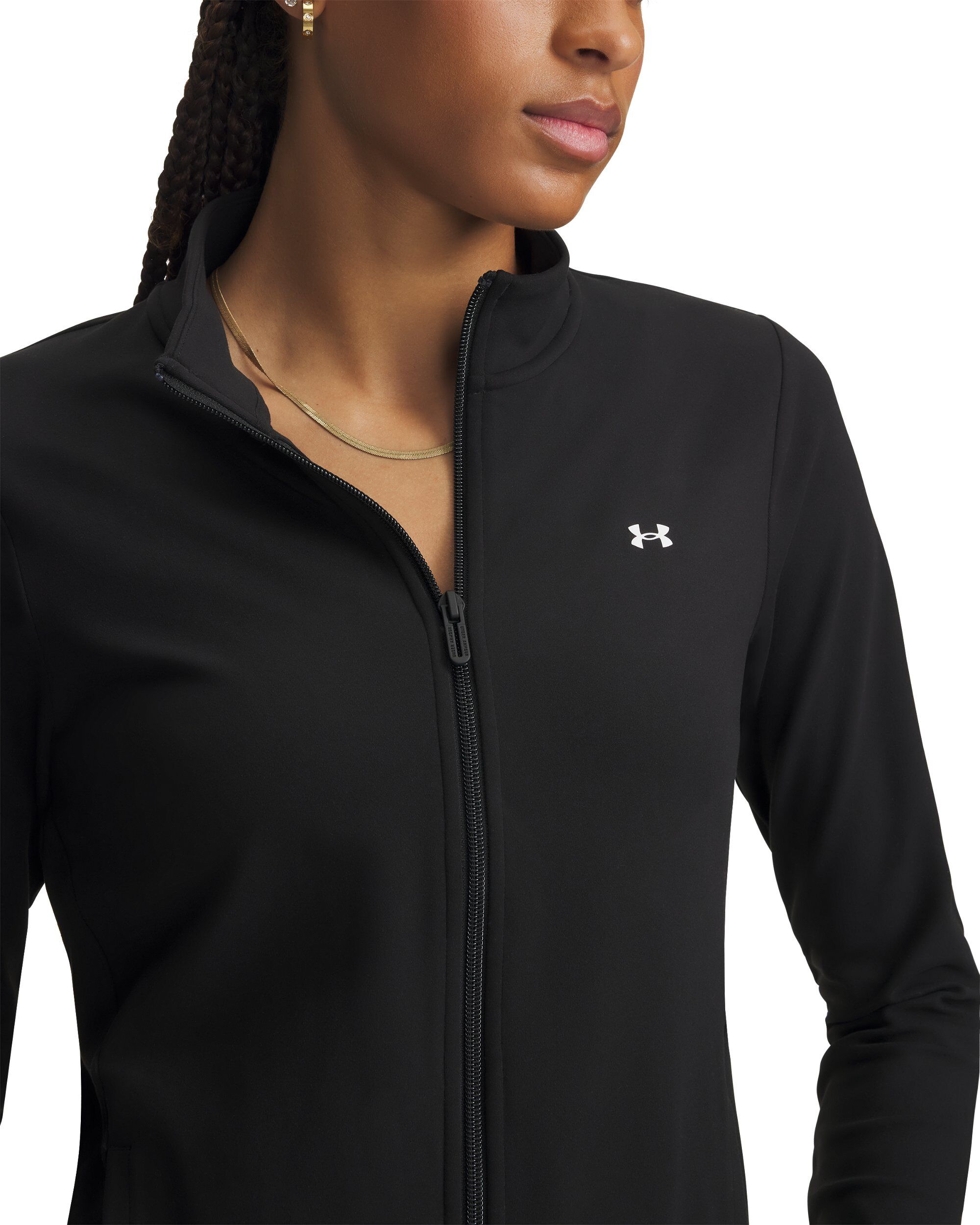 Trainingsjacke UNDER ARMOUR "MOTION FZ", Damen, Gr. L, ultimate schwarz, weiß, Obermaterial: 83% Polyester, 17% Elasthan, Jacken Trainingsjacke, für Fitness und Sportmode, mit klarer Linienführung ultimate schwarz, weiß L