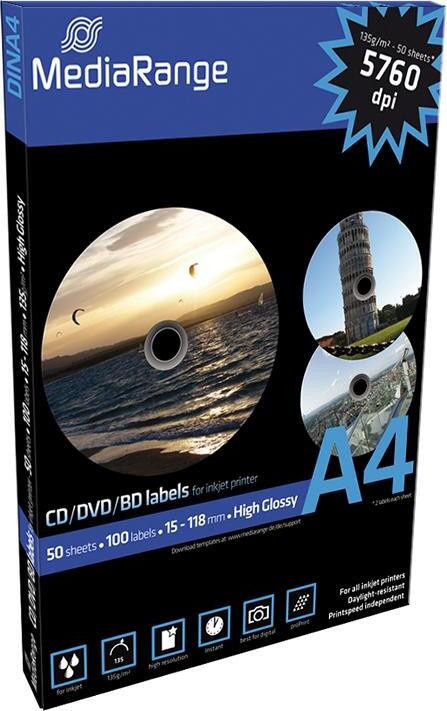 MediaRange MRINK132 Etiketten voor CD, DVD en Blu-ray, 100 stuks