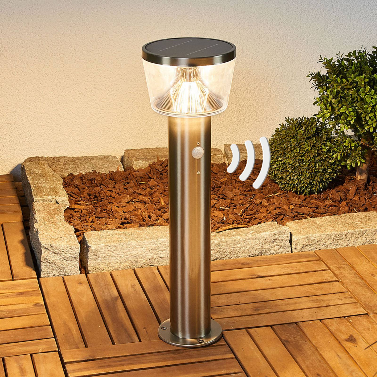 Lindby LED solar pedestal light Antje, motion detector, IP44 Antje, Alu / grey / zinc, Stainless steel, Modern, Solar Lights with Sensor