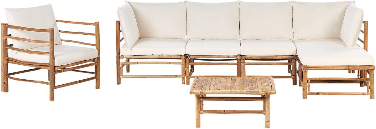 Cerreto 7-delige modulaire loungeset 5-zits met fauteuil en bamboe en natuurlijk wit met afneembare hoezen