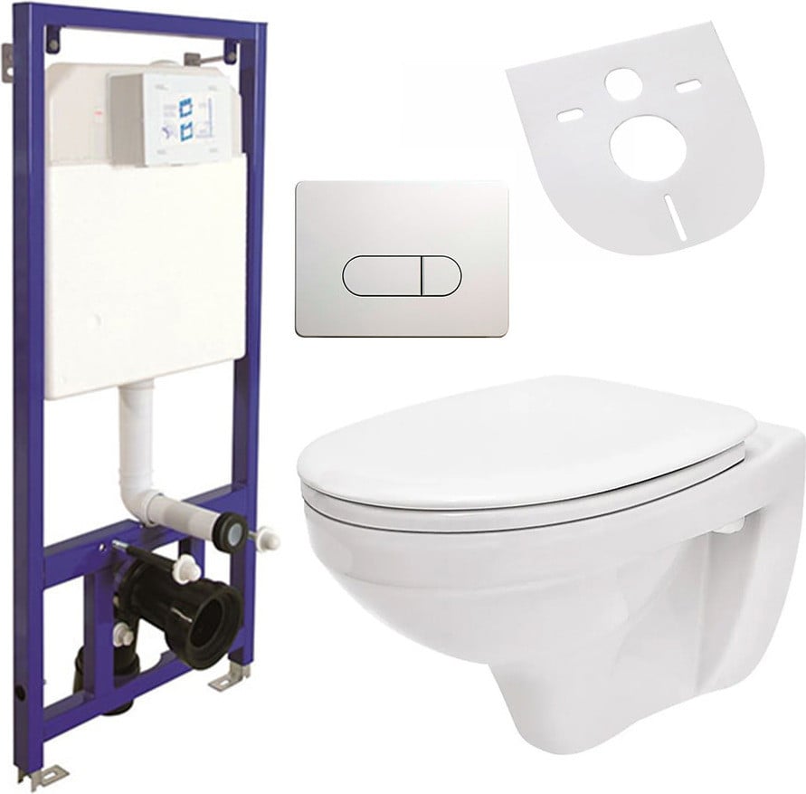 Belvit Complete WC-set UNI: Rimloos rond wandtoilet met spoelreservoir, bedieningsplaat en soft-close deksel in keramiek