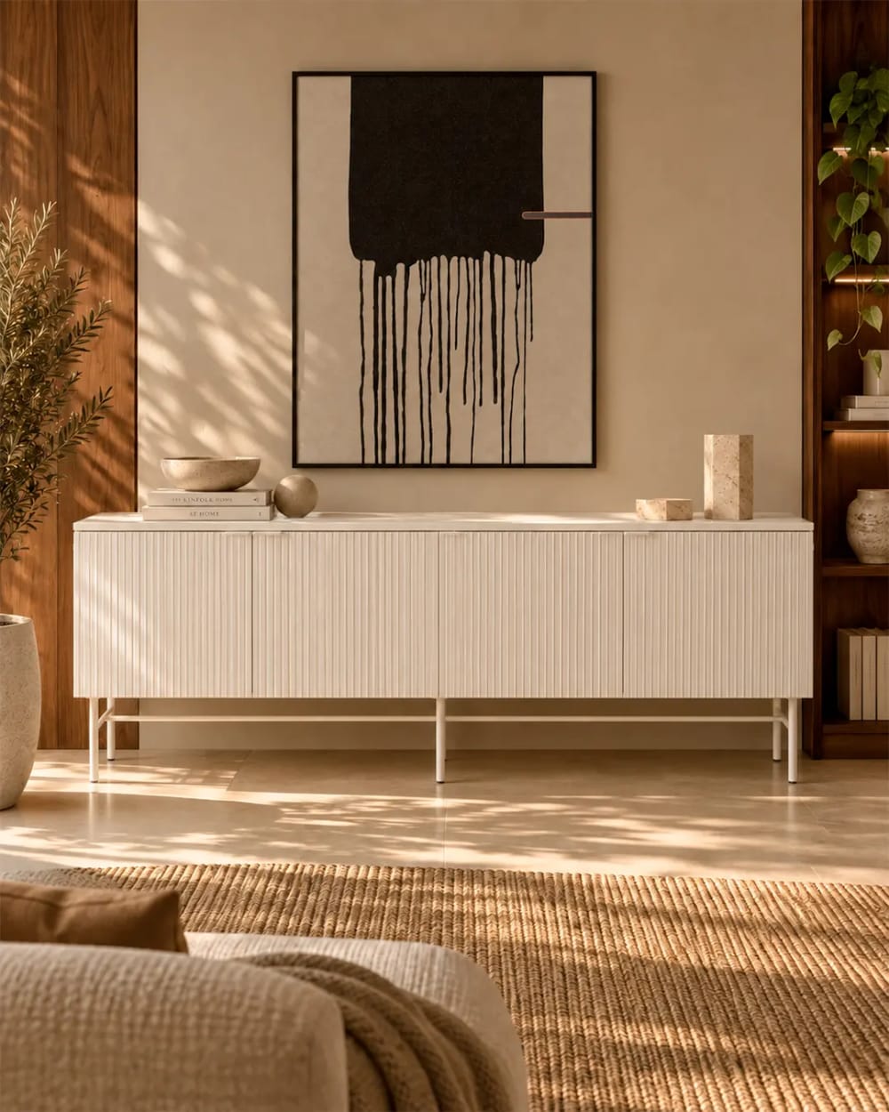 Koketto Home Buffet de 200 cm, couleur blanche, design cannelé Blanc 40x75x197cm