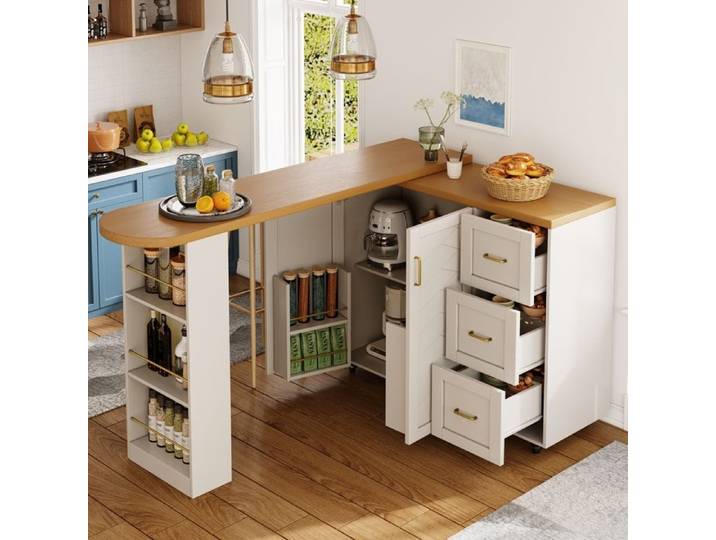 Table de Bar Extensible avec 2 Portes et 3 Tiroirs Plan de Travail Aspect Bois Meuble Bar Mobile Table Haute 135-228x39x104cm Blanc