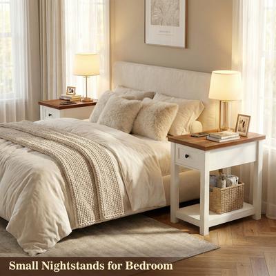 Rackcog Farmhouse End Table with Charging Station, Nightstand with Wood Drawer and Low Shelves