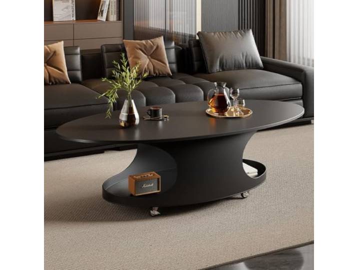 Moderner ovaler Couchtisch mit Rollen und Tischplatte aus Sinterstein Moderner Couchtisch aus Sinterstein mit Stauraum – Premium-Mittelpunkt für exklusive Lounges(A,100cm/39.4in)
