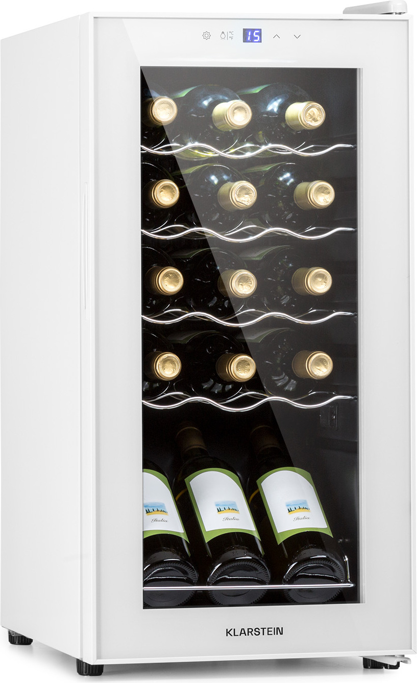 Klarstein Weinkühlschrank, 1 Zonen Getränkekühlschrank Klein, Freistehender Kleiner Weinschrank, 44L Wein-Kühlschrank mit Glastür, Indoor/Outdoor Flaschenkühlschrank, Wine Fridge 15 Flaschen