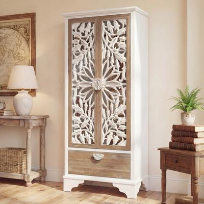 Homsee "Solid Wood Tall Storage Cabinet, 31.5"" Farmhouse Distressed White Carved Armoire with Shelves and Drawer - 31.5""x68.9"""