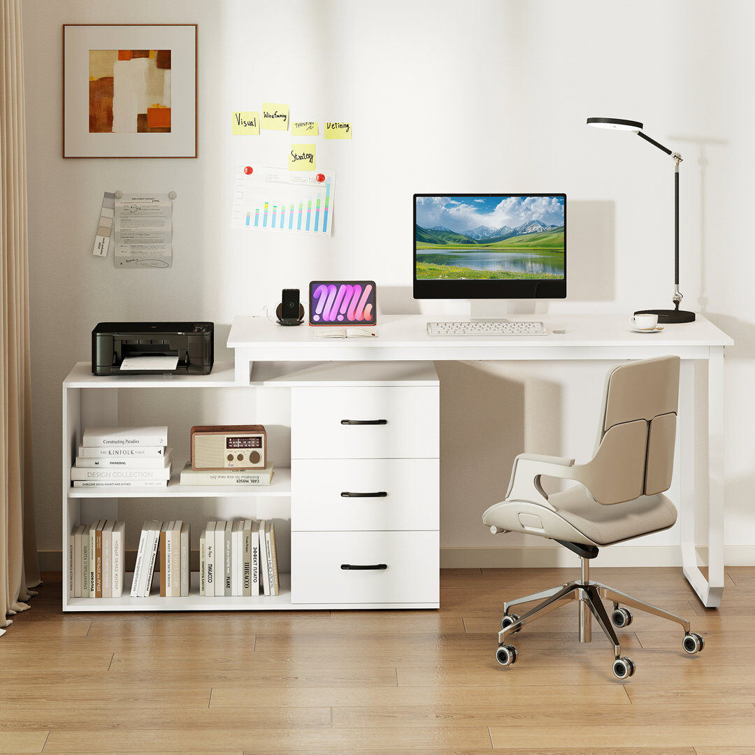 17 Stories Iron Computer Desk White 76cm H X 140cm W X 107cm D
