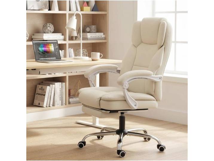 MEUVYX Chaise de Bureau Inclinable 155° Réglable en Hauteur Rotation 360° avec Repose-Pieds Similicuir Beige